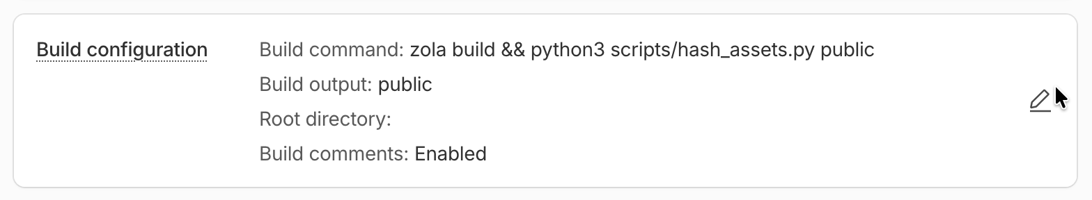 Screenshot of build configuration for the site